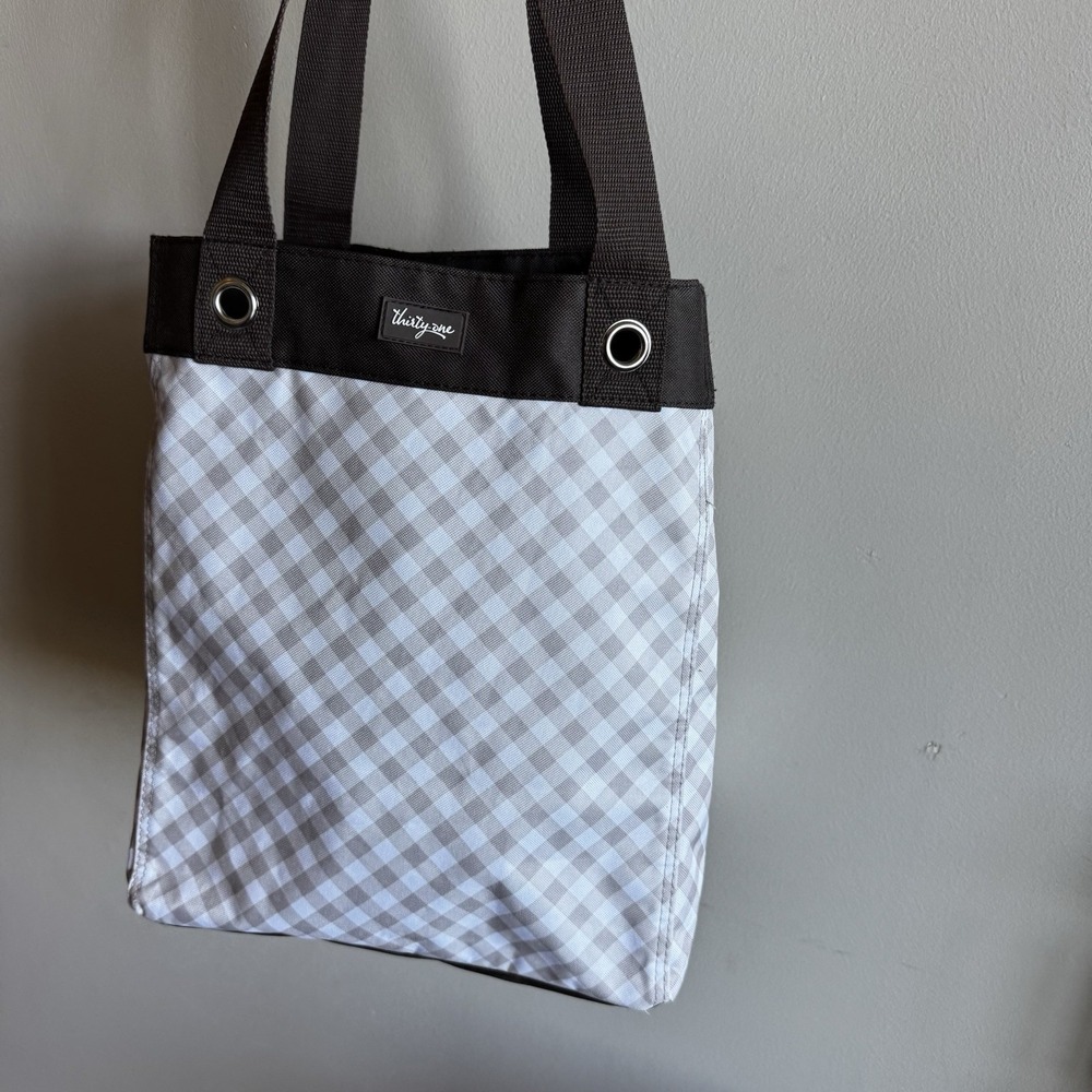 Thirty-One Gifts Gingham Tote Taupe White Brown Handles